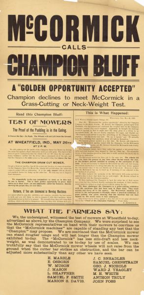 Flyer describing a field trial by the McCormick Mower over the competing Champion brand mower.