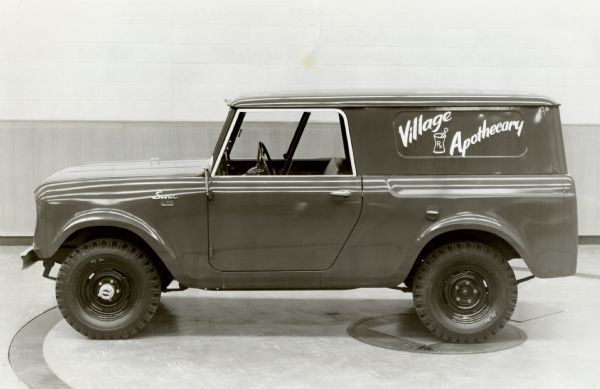 International Harvester "Village Apothecary" Scout. Original caption reads: "New steel Panel-Top for the Scout converts this versatile vehicle into a small panel truck for parcel delivery, service calls and general business use. Similar to the full-length steel travel-top, the new top has rigid metal panels, recessed and 1/4-in., instead of windows. The solid side areas provide extensive space for advertising display. A total of six detachable tops are now offered for the all-purpose Scout. MT-2329."