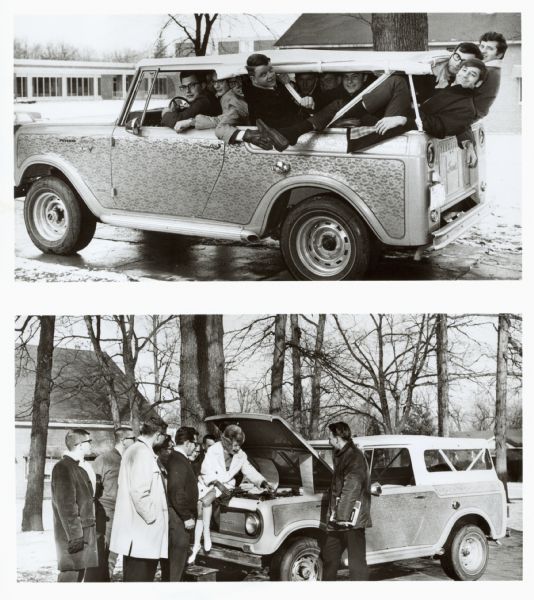 "Stuff the Scout" on Tri-State College campus. Top image shows men 'stuffed' in an International Harvester Scout. Bottom photograph shows a woman sitting on front of Scout, which hood open. Men stand around her and the truck. Original caption reads, "Photograph W-5932-- Students at Tri-State, Angola, Indiana, may have come up with the newest "stuffing craze. When International harvester company visited the campus as part of its college relations program, a "stuff the Scout" contest emerged. The unit, customized to include python snakeskin inside and a bright pink-yellow-grey "flower-power" exterior pattern, bulged with 22 Tri-State students. The customized Scout was displayed all day on the campus with pretty Mary Kleinichert, a secretary in the specification department of IH's Fort Wayne Engineering Department, on hand to to answer questions. Here she shows the new V8 193-hp standard Scout engine to a group of students from the mechanical Engineering Society, which sponsored the International Harvester Day at Tri-State. The program concluded with a talk by David O. Harold, assistant product development engineer, covering the trucking industry and activities at International. The program is being conducted at other schools as well., including Purdue and Valparaiso universities. MT-3282."