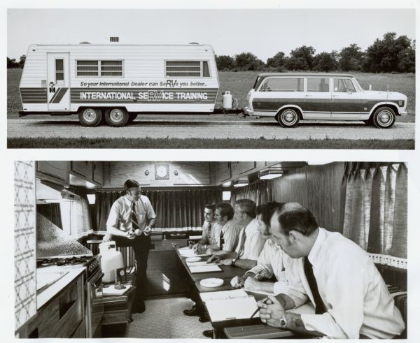International Harvester RV service training Program goes mobile. Original caption reads, "Photo #TF-1106 A and B-- International Trucks will bring its RV service training program to the dealer with mobile classrooms pulled by International Travelall wagons. Each traveling classroom will be manned by a RV service instructor who will train IH servicemen on livability items of an RV unit. TD-3780." Top photo shows an RV being pulled by a Travelall wagon. Slogan on RV reads, "So your International Dealer can SeRVe you better... International SeRVice Training." Bottom photo shows six men in the RV in a classroom setting. 
