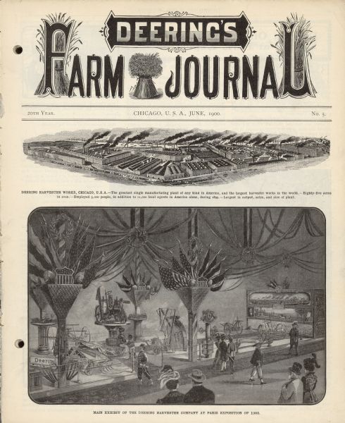 Front cover with two illustrations. The top illustration is of the Deering Harvester Works in Chicago. The larger illustration on the bottom is of the Main Exhibit of the Deering Harvester Company at the Paris Exposition of 1900.