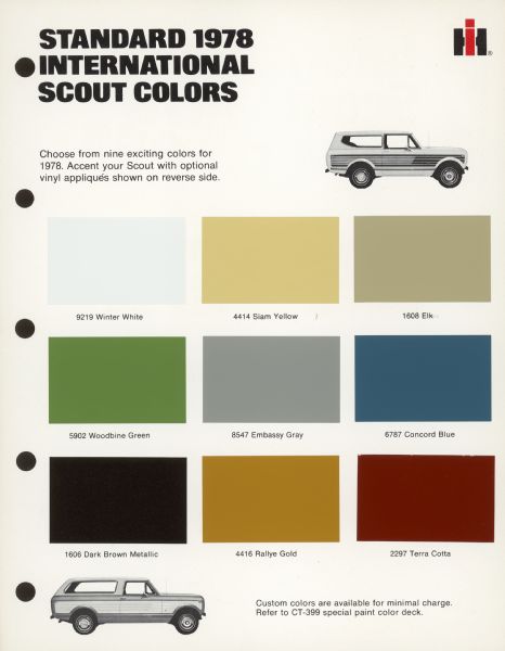 Caption at top reads: "Choose from nine exciting colors for 1978. Accent your Scout with optional vinyl appliques shown on reverse side."