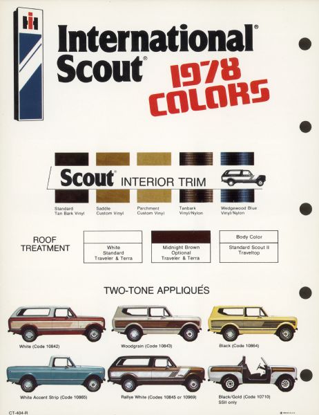 Includes samples of Scout interior trim, roof treatment, and two-tone appliques.