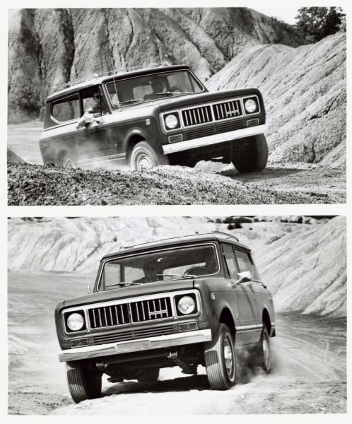 Original caption reads: "Photo# TF-1200. New International Scout for 1975 is a sporty compact that provides the extra dimension of mobility through all-wheel drive. It is available in nine exterior colors, as well as a choice of white or wood-grain vinyl panels or stripes. The Scout features a rugged box frame with heavy-duty front axle, leaf front springs, front sway bar and power front disc brakes. Gross vehicle weight rating is 6,200 lbs. TD-3763a.  10/1/74."