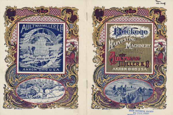 Front and back cover of The Buckeye Harvesting Machinery catalog. Features on the front, at the bottom, an oval-framed scene of two men using agricultural machinery. The man on the left is using a Buckeye. The back cover has a main illustration of a glove encircled by a wheel with the slogan: "It Rolls Round the World." At the bottom is an oval-framed scene of a boy and girl horseback riding down a road.