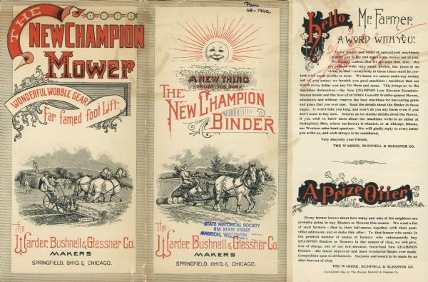 Front cover, and two inside pages of a fold-out catalog for "The New Champion Mower, Wonderful Wobble Gear, Far famed foot lift." The 12 panel catalog folds out to display an interior poster. Front cover and inside center panel include illustrations of farmers using the mower and the binder in a field with teams of horses.