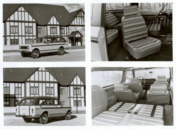 Four photographss of the International Scout "Family Cruiser." Original caption reads: "photo #tf-1475. One of the special models developed through an International harvester pilot program for more personalized vehicles is the Scout Traveler 'Family Cruiser.' Designed to make highway driving more comfortable, the  Family Cruiser features individually-controlled, high back swivel bucket seats in front, reclining bucket seats in the middle, and a reclining two-passenger jump seat in the rear. All seats are upholstered in a striped tweed fabric. The entire floor area is padded and covered in color-coordinated shag carpeting. TD-3995 12/1/76." 
