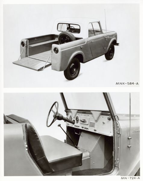 Two views of International Scout. Top is a three-quarter view from rear of passenger side with tailgate of truck bed open; bottom is a passenger side view of front seat, with door removed.