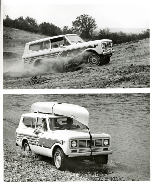 Two images of the same International Scout with camping and canoeing images. One shows the Scout driving up a hill kicking up dirt, the other shows the same Scout with a canoe mounted on the roof driving along a rocky shoreline. 
