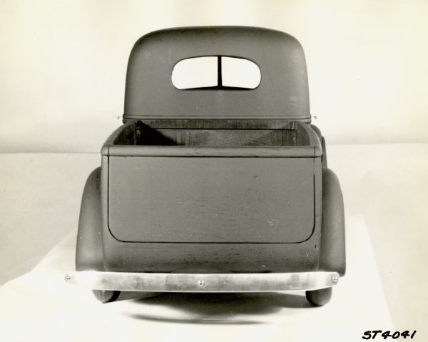 Rear view of an International Harvester model truck. Cab and truck bed seen. Possibly a Raymond Loewy design.