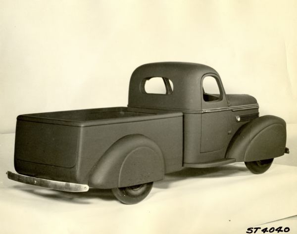 International Harvester truck model. Three-quarter view from rear of passenger's side. Possibly a Raymond Loewy design.