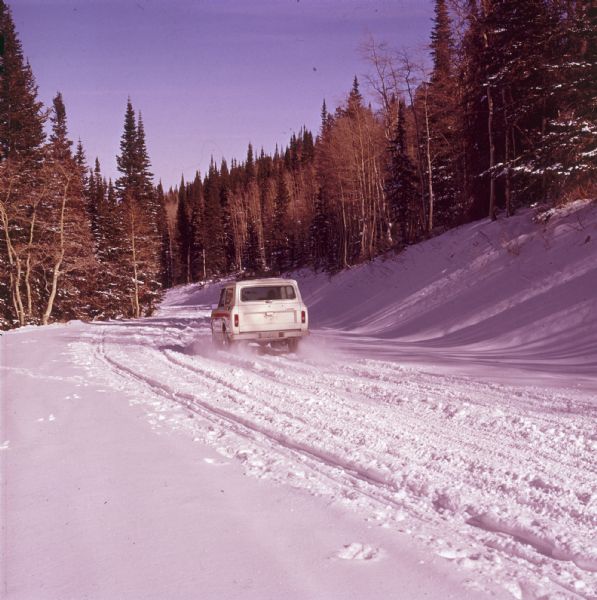 Rear view of white Scout II XLC being driven on snowy road that winds among trees.