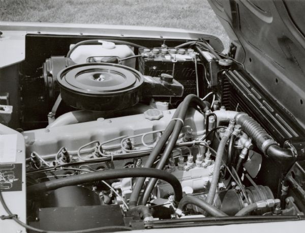 Close-up side view of International Scout engine.