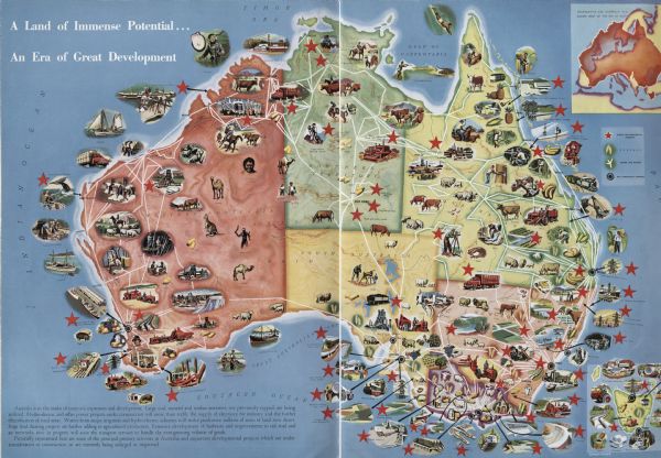 Color illustrated map of Australia shows various resources available in the different regions of Australia.  

Original caption: "Australia is the the midst of extensive expansion and development. large coal, mineral and timber resources, not previously tapped, are being utilized. Hydro-electric and other power projects under construction will more than treble the supply of electricity for industry and the further electrification of rural areas. Waters from major irrigation and hydro-electric schemes will make productive millions of acres of land now desert, hug land clearing project are further adding to agricultural production. Extensive development of harbours, and improvements to rail, road, and air networks, now in progress, will assist the transport services to handle the ever-growing volume of goods. Pictorially represented here are some of the principal primary activities in Australia and important developmental projects which are under consideration of construction, or are currently being enlarged or improved.