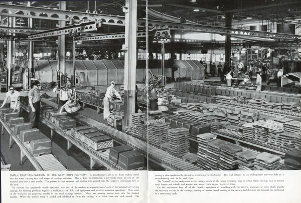 Small casting section of the Grey Iron Foundry. Men are seen at work at various stages of the casting process wearing safety gear. The original magazine caption describes the process. 