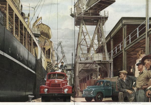 Color illustration of a shipyard scene with International trucks being loaded onto a ship at Station Pier in Melbourne, Victoria. Men are loading trucks and observing the work being done. The original caption reads: "The P & G. Liner R.M.S <i>Chitral</i> loading at Station Pier, Melbourne, Victoria."
