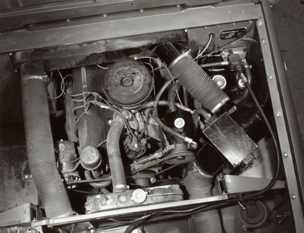 Overhead view of an International Scout engine. Serial tag appears to read Scout 4x4 80 FC 50988A. According to Jim Allen, the engine has been modified for snowplowing (see note below).