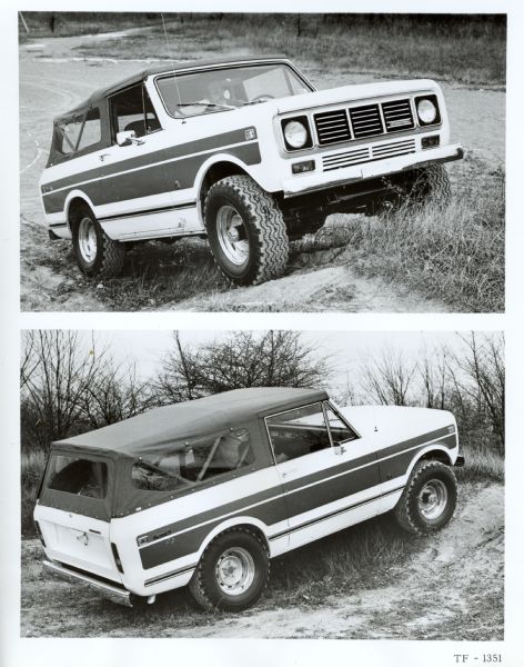 Original caption reads: "(Photo #TF-1351) -- Two views of new International Scout II "Spirit" four-wheel drive vehicle which features a blue denim "safari" convertible top and a distinctive red, white and blue exterior color combination, as well as color-keyed roll bar, sport steering wheel and ten-inch tires. Other special Scout models include the "Patriot" - avilable as a 100-inch wb. Scout "Traveler" station wagon or "Terra" pickup, and the SnoStar" which has a roof-mounted ski rack. TD-3902. 1/22/76."