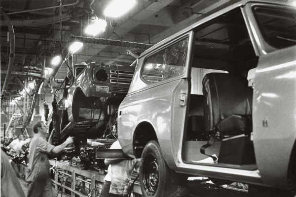 Fort Wayne production still featuring International Scout bodies being assembled.
