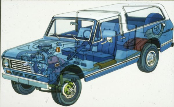 Cutaway color illustration of Scout, with transparent coloring on the body showing the engine under the hood, and the seats inside.