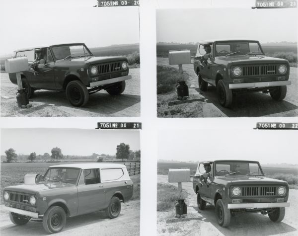 Four black and white images of a man using a Scout II to deliver mail to a mailbox. Note that steering wheel is on the right side.