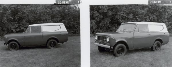 Two views of a Scout II with Topper parked in a field.