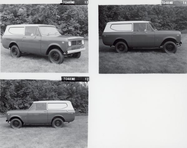 Three views of a Scout II with Topper parked outdoors in field.