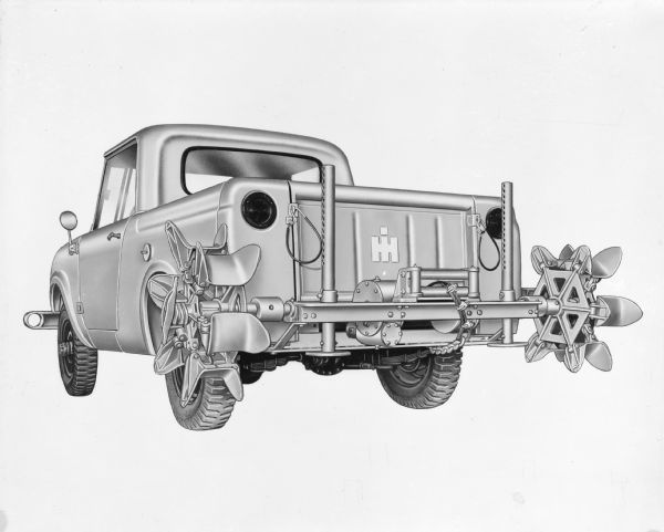 Three-quarter view from rear of driver's side of Scout 4x4. Machinery is attached to the back of the truck. Image appears to be retouched.