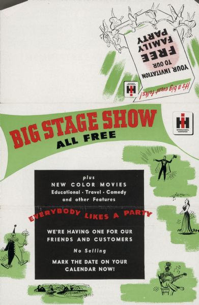 Front of flyer for the "Big Stage Show" a free family party sponsored by the International Harvester dealership in Menomonie, Wisconsin.
