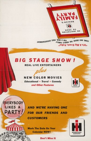 Front of flyer for an International Harvester dealer's free family party. Flyer includes illustration of a large striped tent.