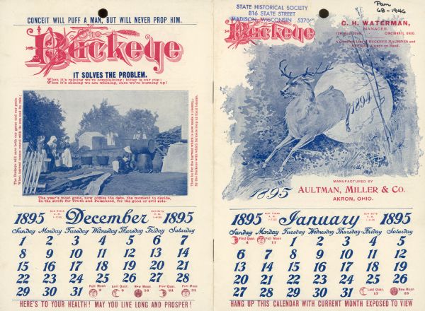 Front and back cover of catalog, for the months of January and December. January features a buck running through the woods, with the year "1894" over a large moon in the background.  December features a group of people and a dog outdoors standing near large steaming pots on an outdoor fire.