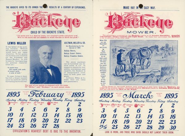 Catalog featuring calendar pages. February features Lewis Miller, the father of the mowing machine, with text and a portrait. March has an illustration of a farmer using a horse-drawn Buckeye mower in a field.