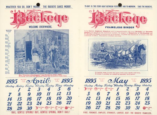 Catalog featuring calendar pages. The month of April features a man and a woman standing outdoors, each is playing a violin. May features a man using a horse-drawn frameless binder in a field.