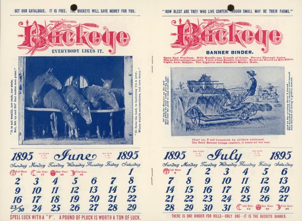Catalog featuring calendar pages. The month of June features a group of horses in a barn looking out over a railing. July features a man driving a horse-drawn binder in a field.