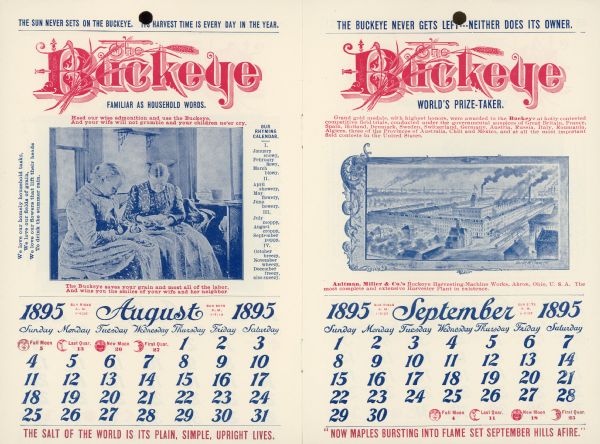 Catalog featuring calendar pages. August features two women working indoors. September features the Buckeye Harvesting-Machine Works.