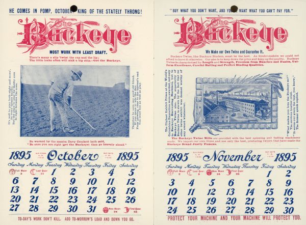 Catalog featuring calendar pages. October features a man using a hoe in a field. November features a drawing of the Buckeye Twine Mills.
