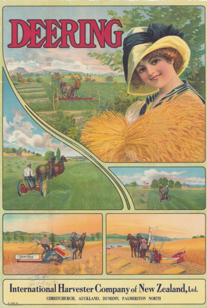 Advertising poster for Deering brand mowers, grain binders, reapers, and hay rakes showing a woman holding a bundle of grain. Imprinted with "International Harvester Company of New Zealand, Ltd.; Christchurch, Auckland, Dunedin, Palmerston North." Printed by the Hayes Litho. Co., Buffalo, NY.