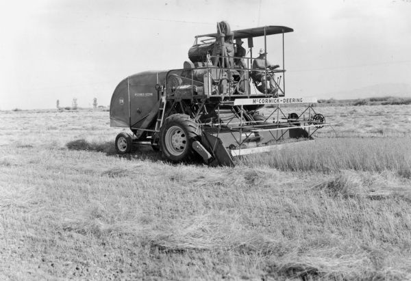 McCormick-Deering 17w self propelled combine. Combine pictured here harvesting flax in California.