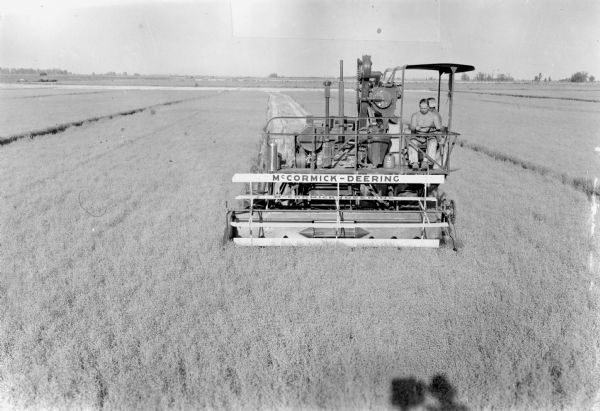 McCormick-Deering self propelled 17w combine, shown here harvesting flax.
