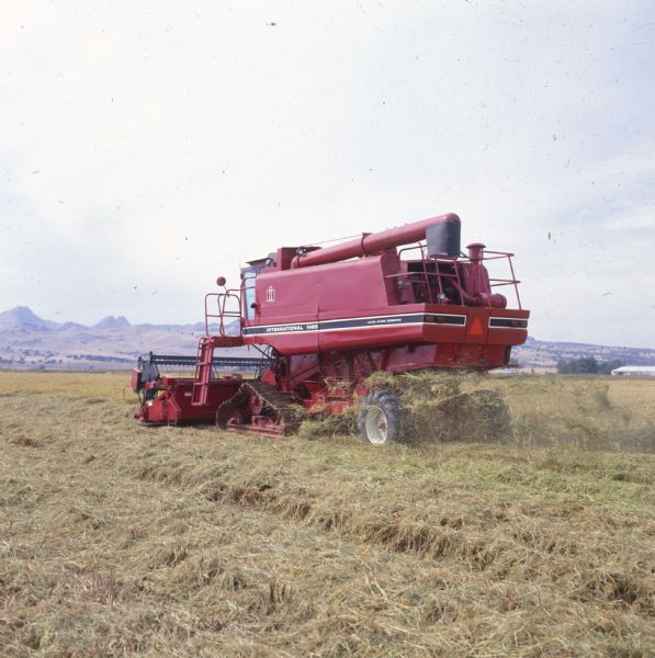 Three-quarter view from left rear of a 1480 axial-flow combine working in a field. Mountains are visible in the background.