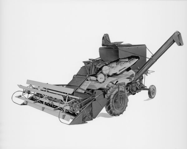 Drawing of a combine on a white background. The view is three-quarters from left front of combine.