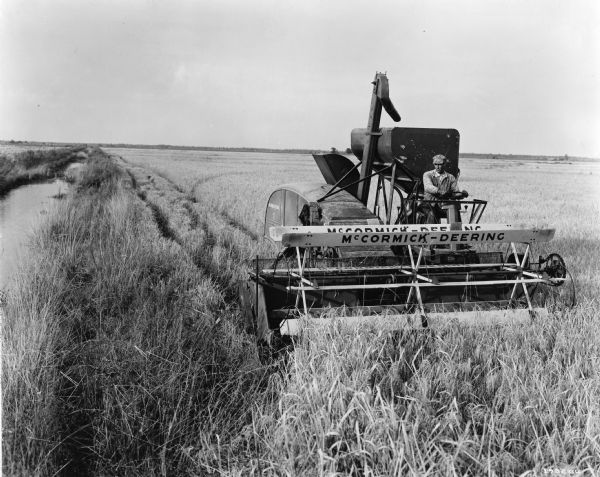 Slightly elevated view of a man in overalls and a hat harvesting rice in Oberlin, Louisiana with a self propelled combine. Unharvested crops are in the background. 