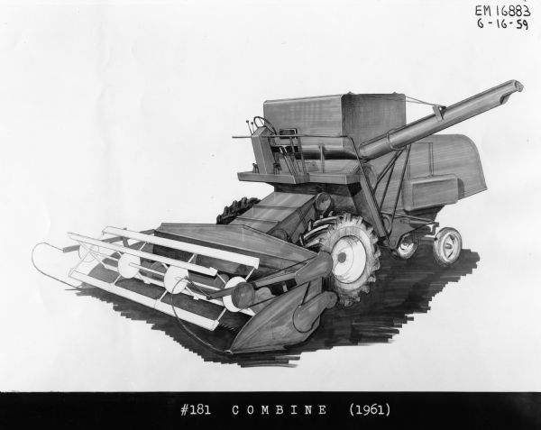 Black and white development sketch for the McCormick-Deering #181 combine.