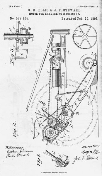 Patent No. 577,105, Patented February 16, 1897 by G.H. Ellis and J.F. Steward. Page two of two.