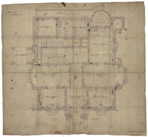 Original drawing of the first floor of the McCormick residence, 675 Rush Street, Chicago, Illinois. Construction started after the Chicago fire in 1874, and was completed in 1879. Three generations of the family lived there, but it was eventually sold by the Cyrus Hall McCormick estate in 1945 and razed in the 1950's.