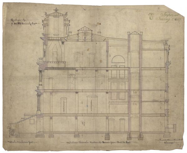 Original "Section-through-Centre-of-House-from-West-to-East" drawing of the McCormick residence, 675 Rush Street, Chicago, Illinois. Construction started after the Chicago fire in 1874, and was completed in 1879. Three generations of the family lived there, but it was eventually sold by the Cyrus Hall McCormick estate in 1945 and razed in the 1950's.