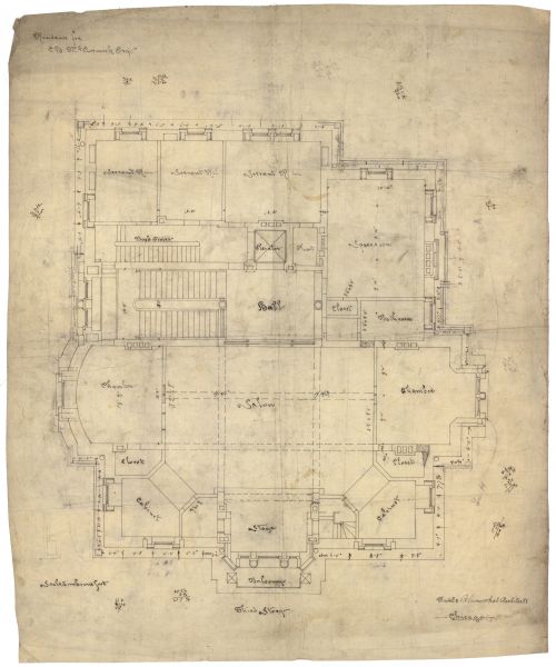 Original drawing of the third story of the McCormick residence, 675 Rush Street, Chicago, Illinois. Construction started after the Chicago fire in 1874, and was completed in 1879. Three generations of the family lived there, but it was eventually sold by the Cyrus Hall McCormick estate in 1945 and razed in the 1950's.
