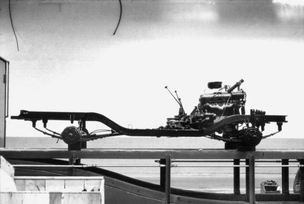Side view of International Scout chassis on the production line. Assembly line image from International Harvester's Fort Wayne plant, subject of a 1961 article in <i>International Harvester Today</i> entitled: "The Scout."
