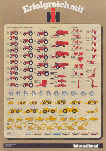 Back page from a folded poster. Titled "Erfolgreich mit" chart includes illustrations of trucks, tractors, construction equipment, International Scout IIs, engines, and payloaders.