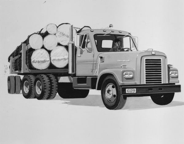 Illustration of a man driving a logging truck 6x4 with tandem axle.